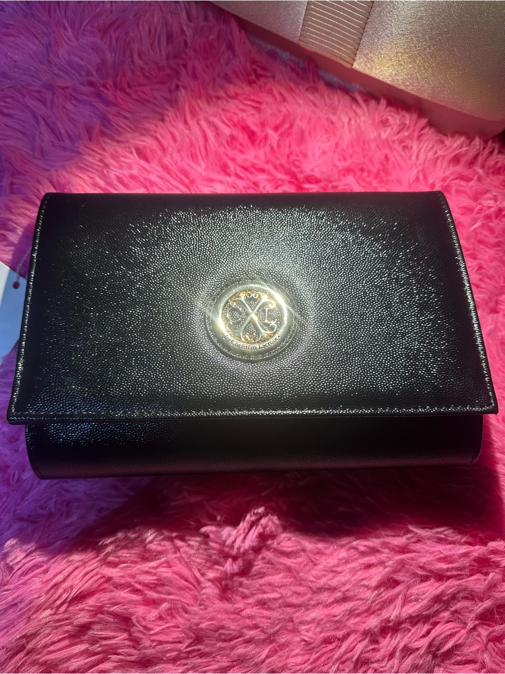Christian Lacroix Black Leather Clutch with Gold Medallion